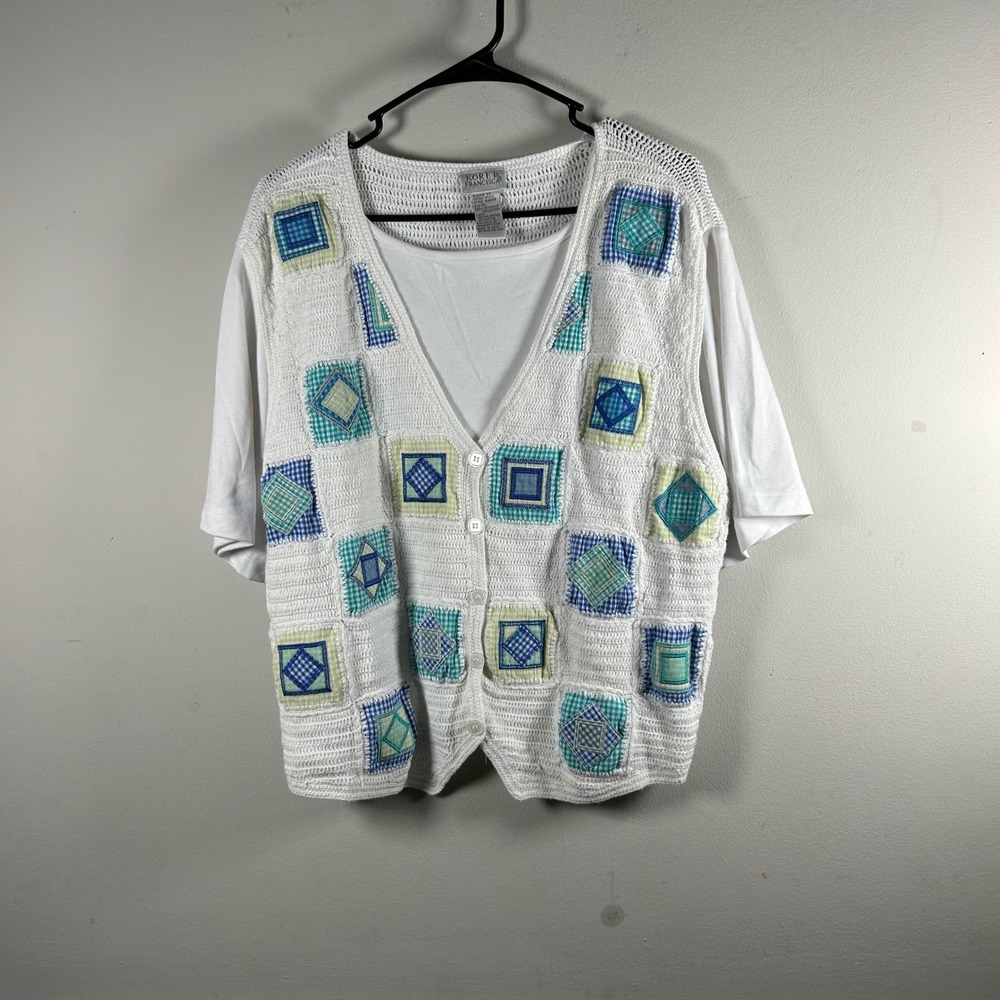 VTG Koret Francisca Layered Crochet Vest Top Womens XL White Gingham Patch